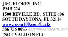 J&C FLORES, INC. &nbsp;PMB 224 &nbsp;1500 BEVILLE RD. SUITE 606 &nbsp;SOUTH DAYTONA, FL 32114 &nbsp;www.room100.com/back/ &nbsp;386 756 0083